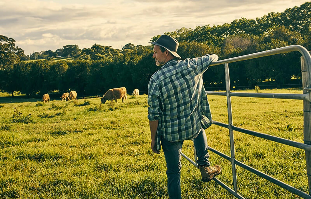 Farmer in plaid shirt leaning on metal gate watching cattle graze at sunset