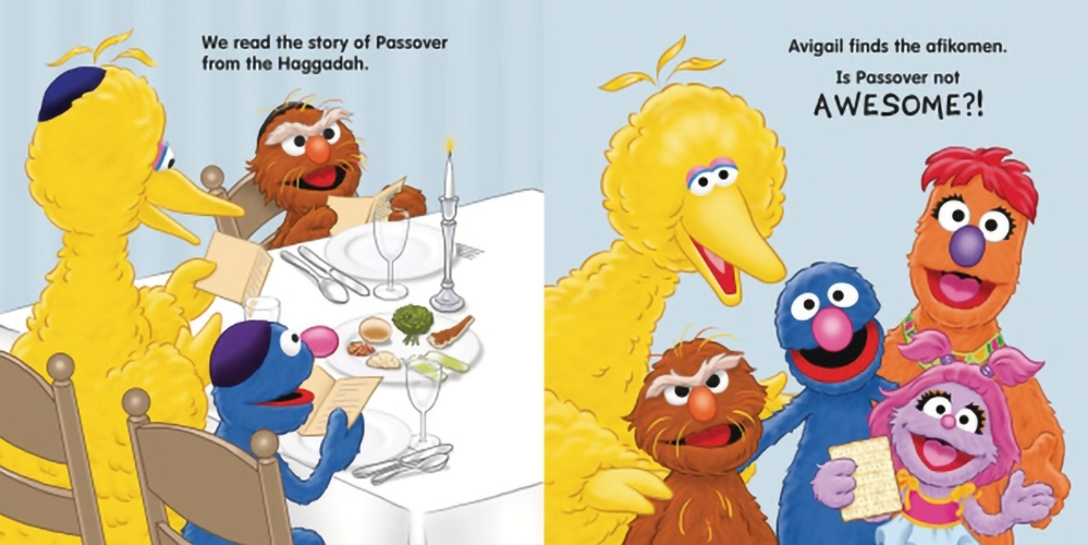 Sesame Street characters reading the Haggadah and celebrating Passover Seder inside book