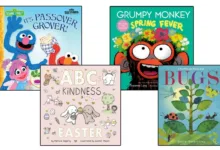 Four spring book covers in a row — It's Passover Grover, ABCs of Kindness at Easter, Grumpy Monkey Spring Fever, and Bugs