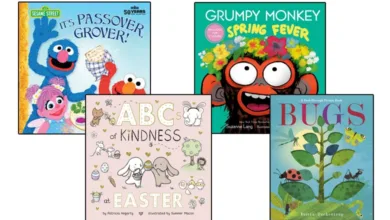 Spring Into Reading: Books Your Grandchildren Will Love 6 Four spring book covers in a row — It's Passover Grover, ABCs of Kindness at Easter, Grumpy Monkey Spring Fever, and Bugs