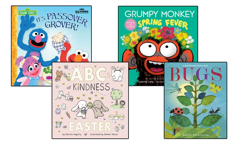 Four spring book covers in a row — It's Passover Grover, ABCs of Kindness at Easter, Grumpy Monkey Spring Fever, and Bugs