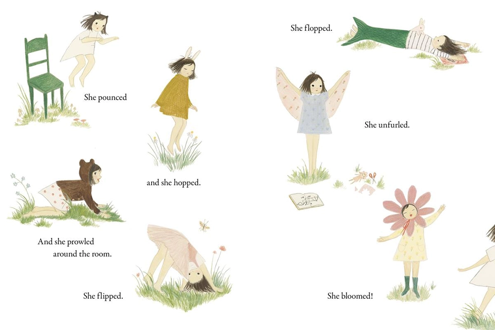 The Wildest Thing: A Picture Book to Spark Your Grandchild's Imagination 2 Interior spread from The Wildest Thing showing Eleanor pouncing, hopping, flipping, and blooming through imaginative play