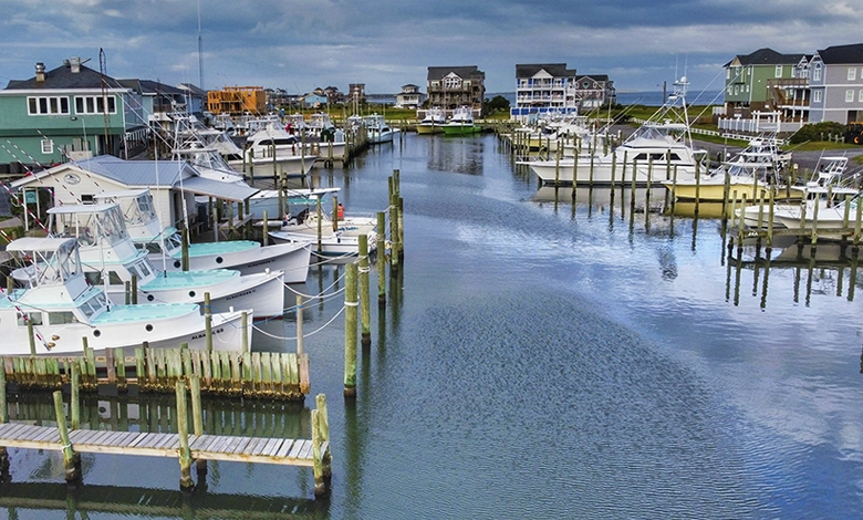 "Boats at Oden's Dock Marina on Hatteras Island in the Outer Banks of North Carolina