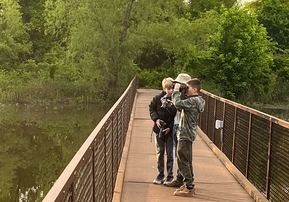 DARTable Staycation: Family Fun Destinations Across Dallas This Summer 3 Visitors walking on a wooden walkway bridge surrounded by lush greenery at the Trinity River Audubon Center