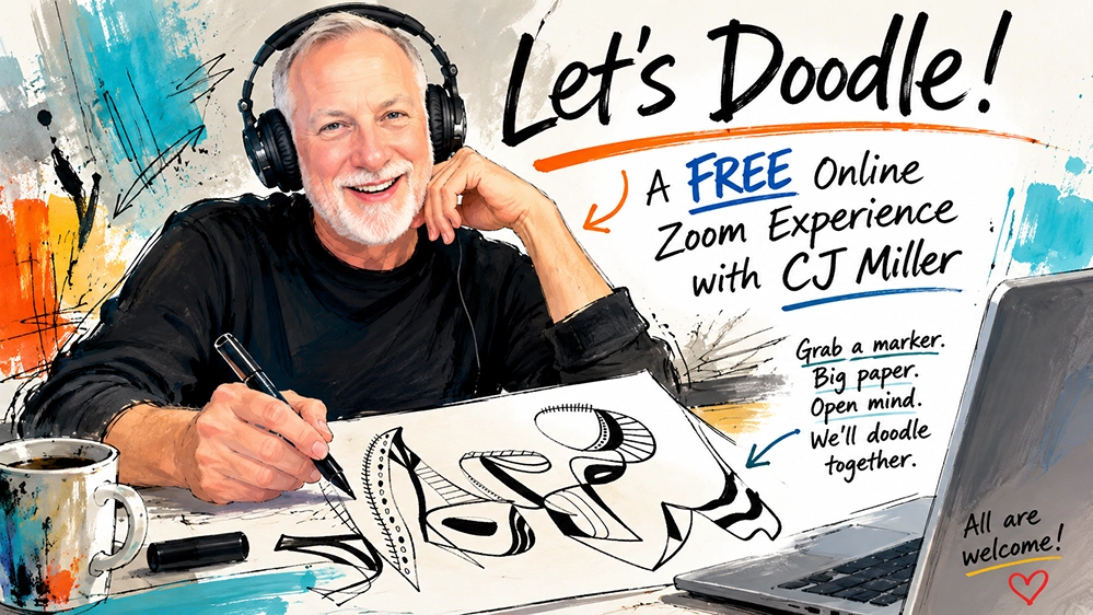 Colorful "Let's Doodle!" illustration for CJ Miller's free online creative session.