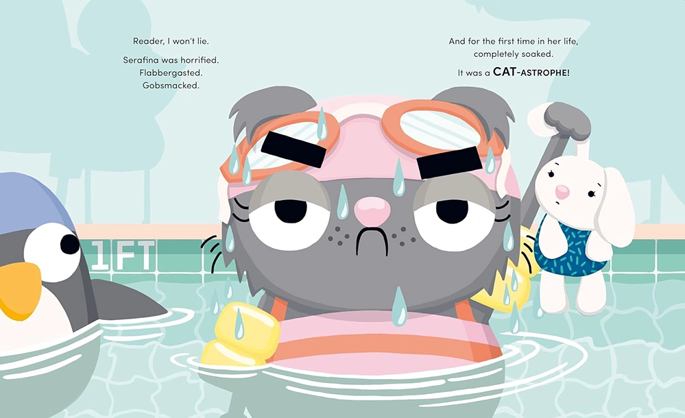 Close-up illustration of Serafina the cat soaking wet in the pool wearing pink swim cap and goggles with a horrified expression 