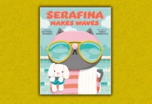 Book cover of Serafina Makes Waves showing a gray cat in oversized yellow sunglasses holding a white stuffed rabbit at a swimming pool