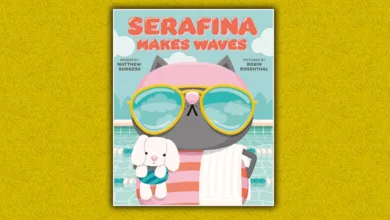 Book cover of Serafina Makes Waves showing a gray cat in oversized yellow sunglasses holding a white stuffed rabbit at a swimming pool