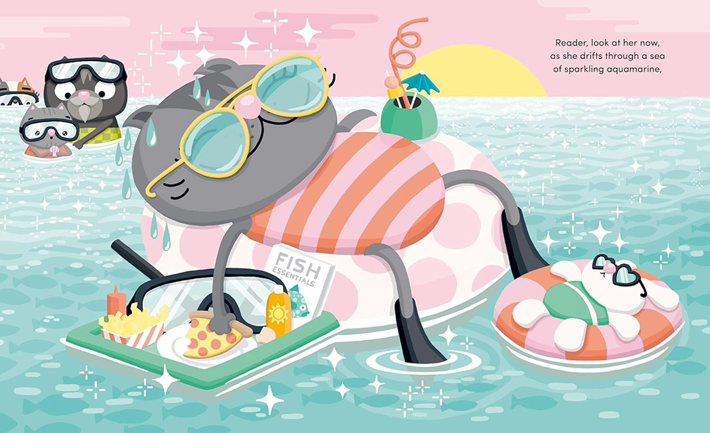 Illustration of Serafina the cat floating happily on a pink polka dot inflatable ring wearing oversized yellow sunglasses with snacks and a tropical drink