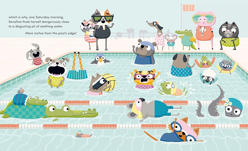 Colorful illustrated spread showing a pool full of animal characters swimming while Serafina the cat watches in horror from the pool's edge 
