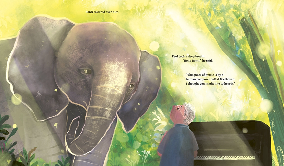 A Troubled Elephant. A Pianist. And an Idea That Changed Everything 2 Illustrated spread showing a large elephant looming over a small man seated at a grand piano in a sunlit Thai forest with text reading Bonti towered over him