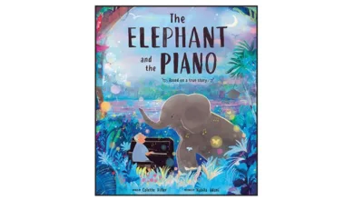 A Troubled Elephant. A Pianist. And an Idea That Changed Everything 1 Book cover of The Elephant and the Piano showing a pianist playing under a moonlit sky while a baby elephant dances nearby surrounded by fireflies and lush Thai jungle