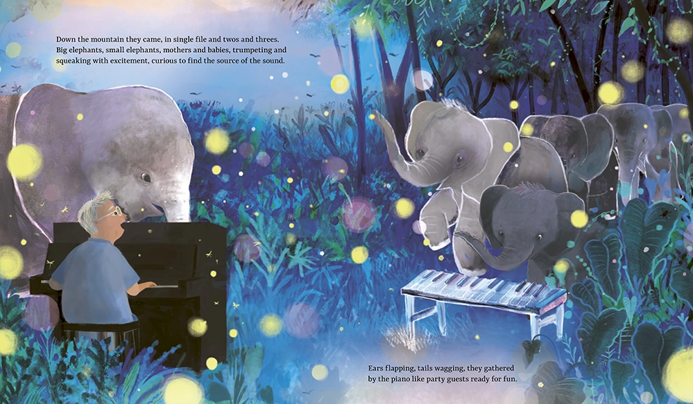A Troubled Elephant. A Pianist. And an Idea That Changed Everything 3 Magical nighttime illustrated spread showing Paul playing piano while elephants of all sizes emerge from the glowing blue forest toward a small elephant keyboard surrounded by fireflies