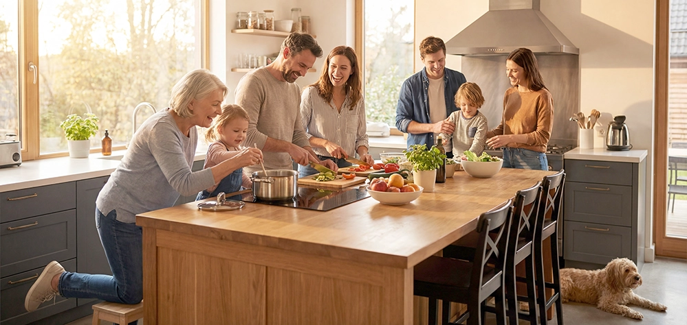 Grandparents, parents, and grandchildren cooking together in a sunny kitchen 