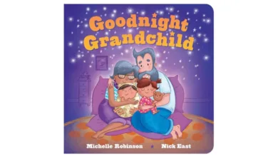 Cover of Goodnight Grandchild showing grandparents cuddling two sleeping grandchildren under a starry sky