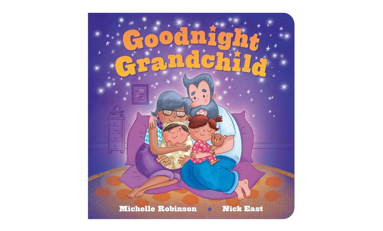 Cover of Goodnight Grandchild showing grandparents cuddling two sleeping grandchildren under a starry sky